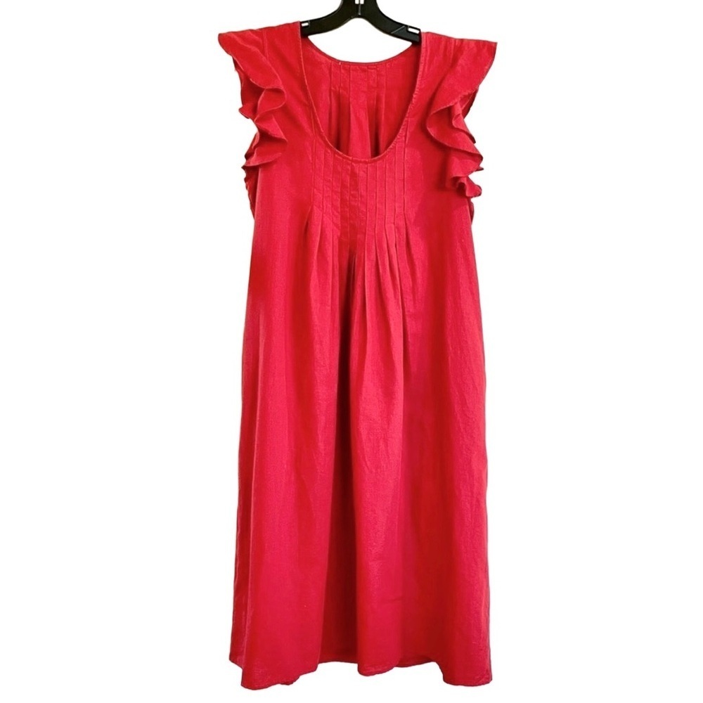 The Great Flutter Tulip Dress Red Linen Blend Ruffle Sleeve Midi Pockets L - Picture 4 of 10
